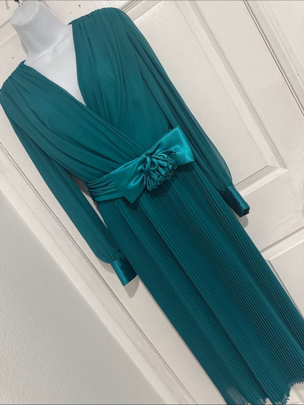 Miss Elliette Teal Pleated Long Sleeve Maxi Dress with Waist Bow Accent